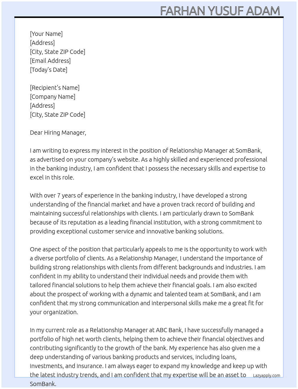 Relationship Manager  At SomBank Cover Letter