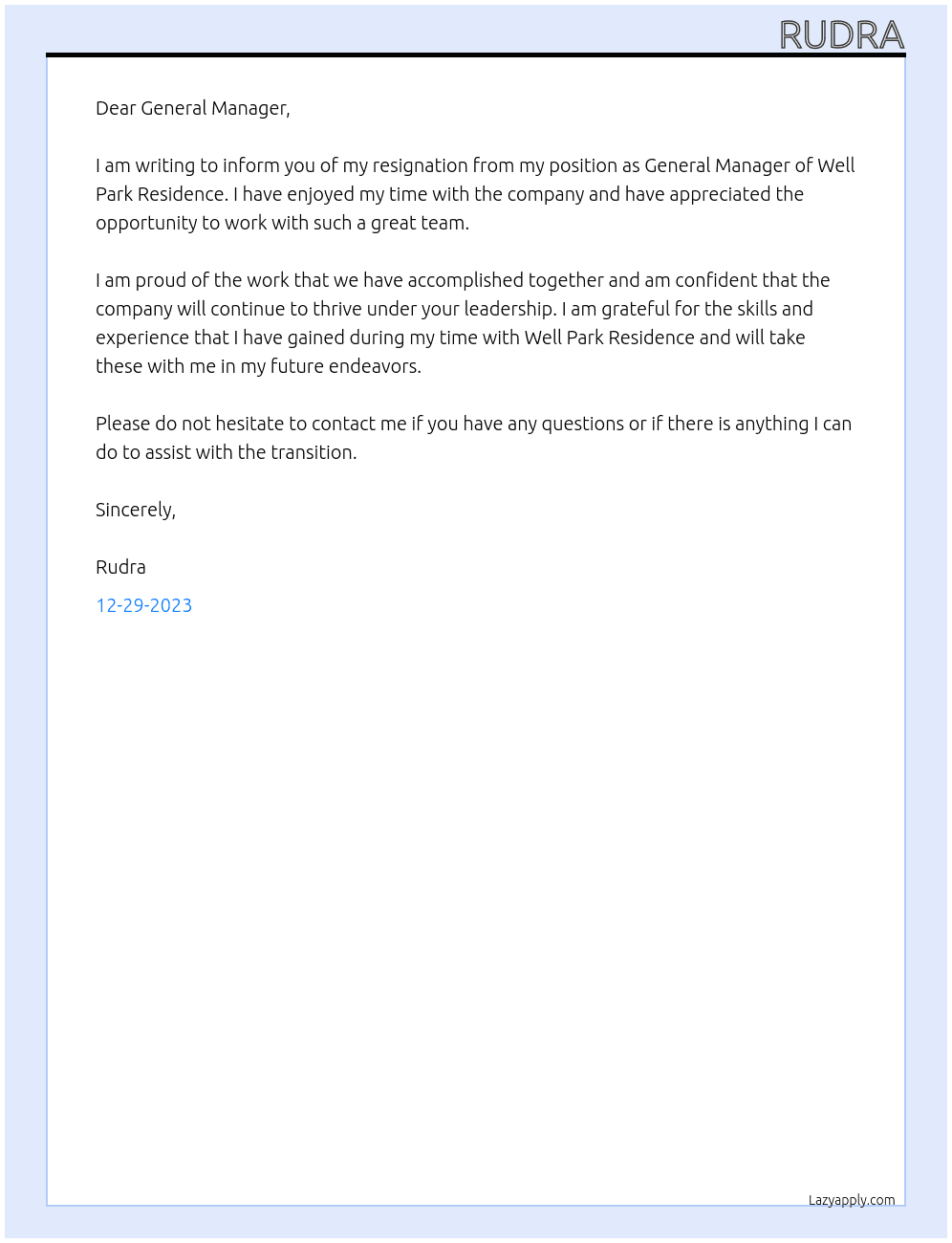 Resignation Letter  At well park Residence Cover Letter