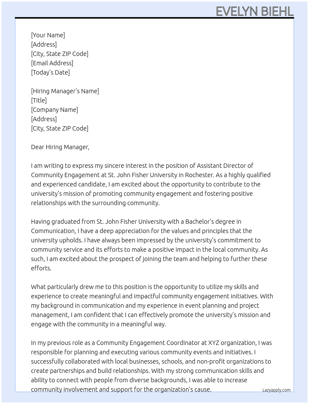 Assistant Director of Community Engagement At St. John Fisher University  Cover Letter