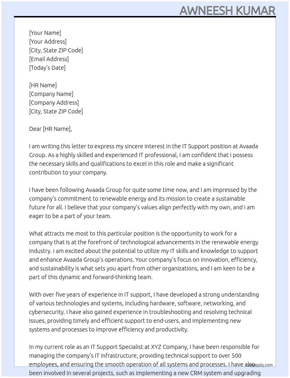 IT Support At Avaada Group Cover Letter