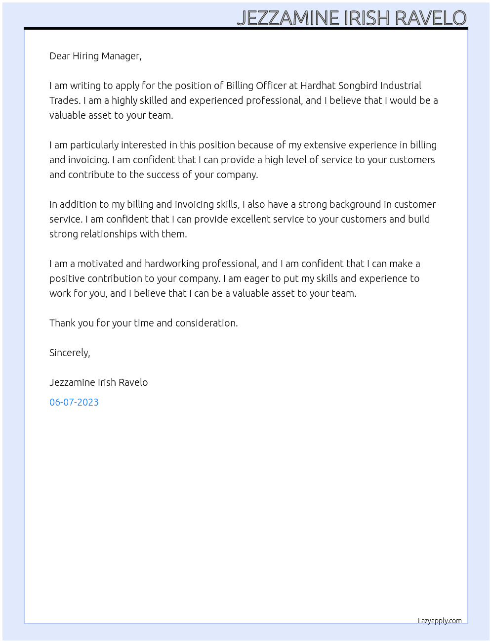 BILLING OFFICER At Hardhat Songbird Industrial Trades Cover Letter