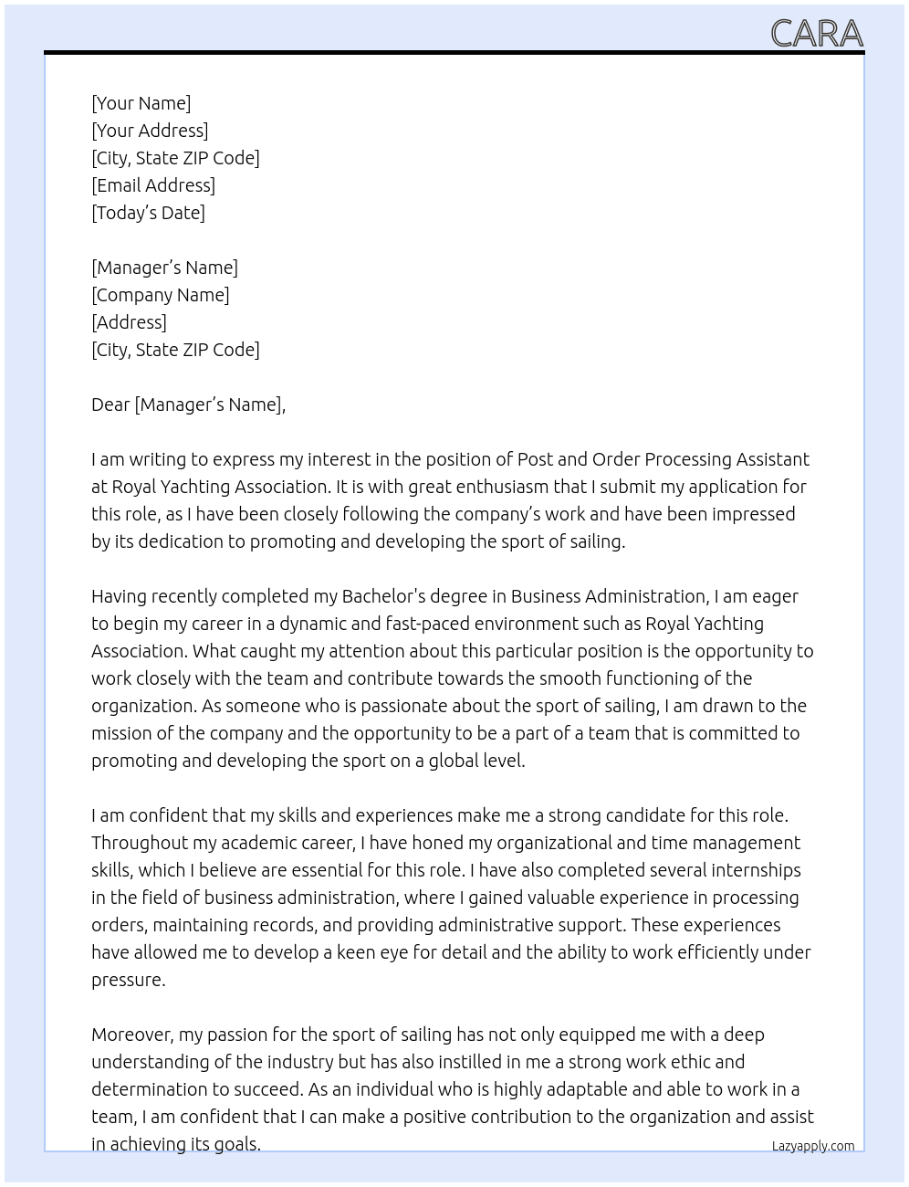 Post and Order processing assistant  At Royal Yachting Association  Cover Letter