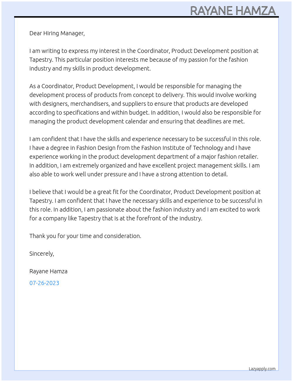 Coordinator, Product Development  At Tapestry Cover Letter