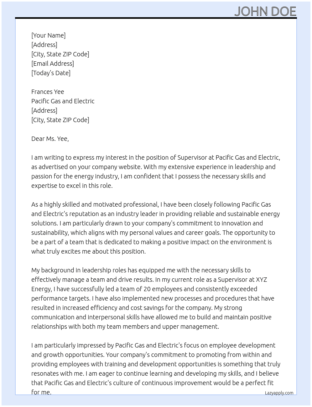 Supervisor At Pacific gas and electric Cover Letter