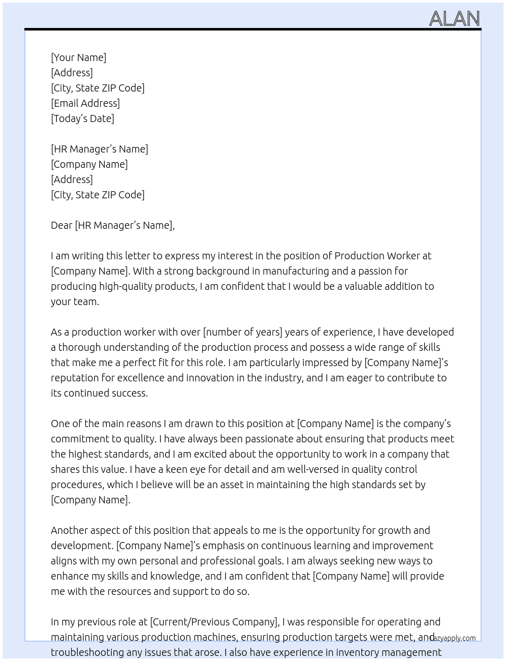 production worker At rdcco Cover Letter