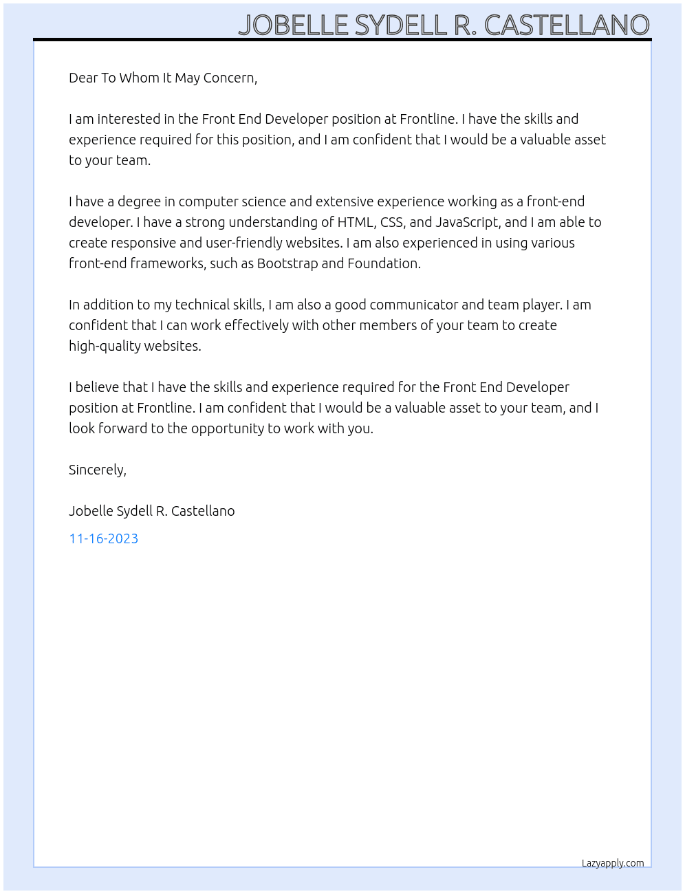 Front End Developer At Frontline Cover Letter
