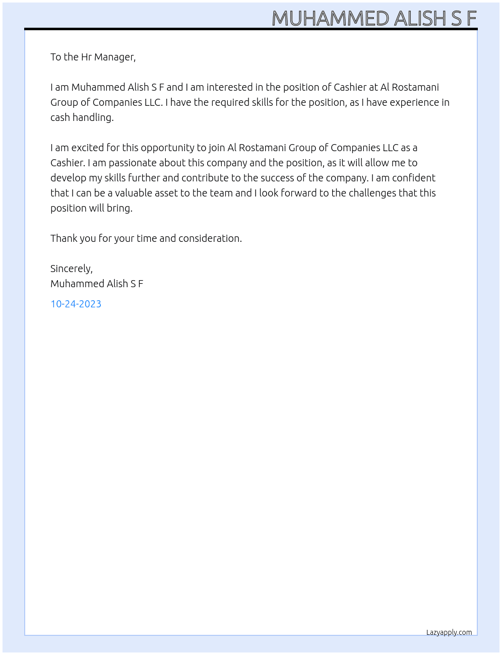 Cashier  At Al Rostamani Group of Companies LLC  Cover Letter