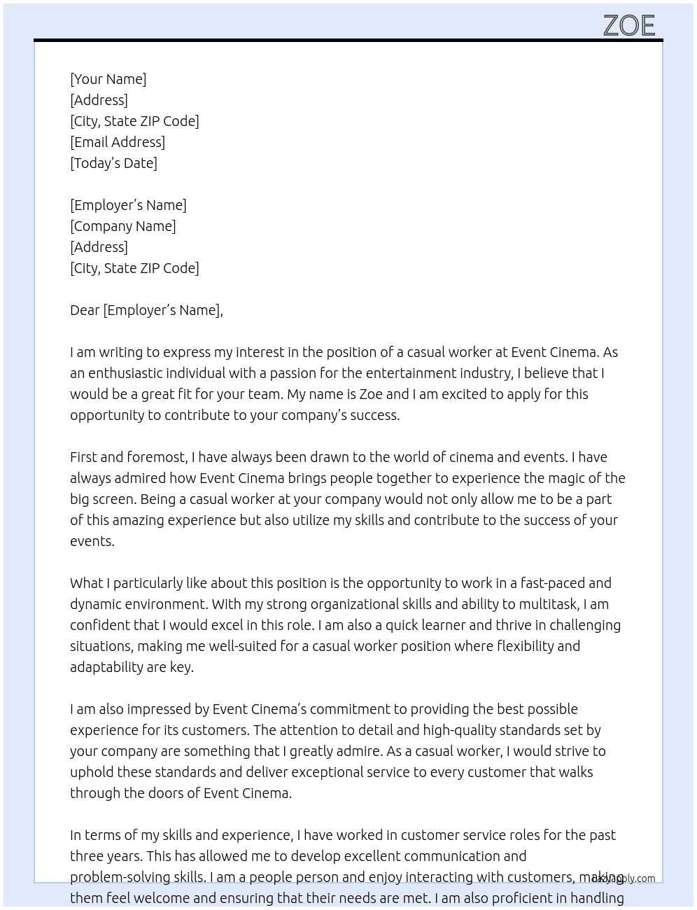causal worker At event cinema  Cover Letter