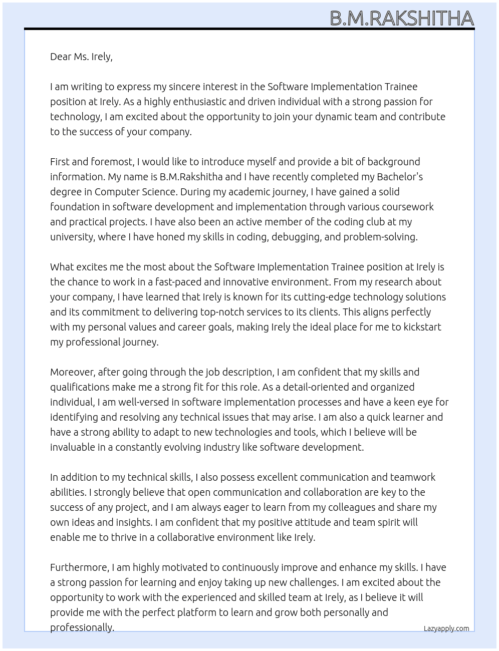Software Implementation Trainee At Irely Cover Letter