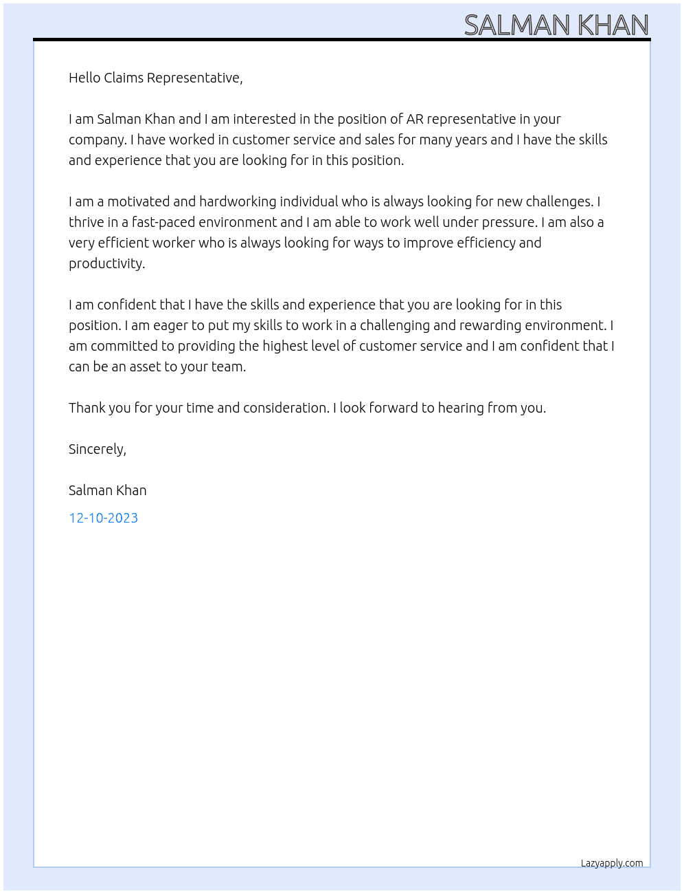AR representative  At Claims representative  Cover Letter