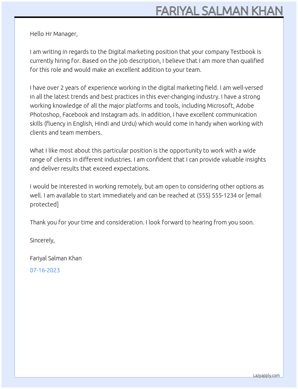 Digital marketing  At Testbook Cover Letter