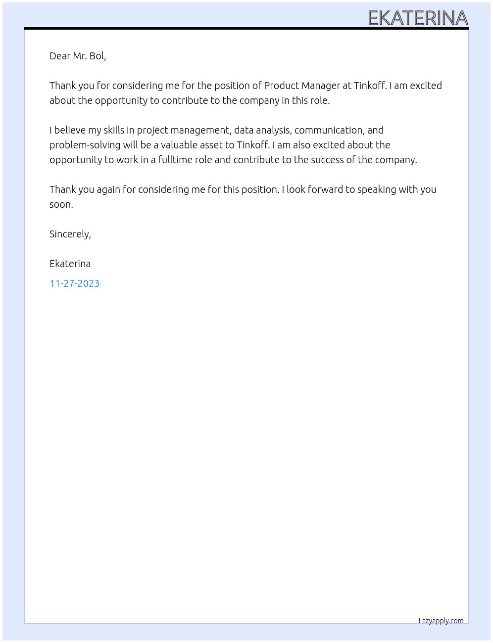 Product manager At Tinkoff Cover Letter