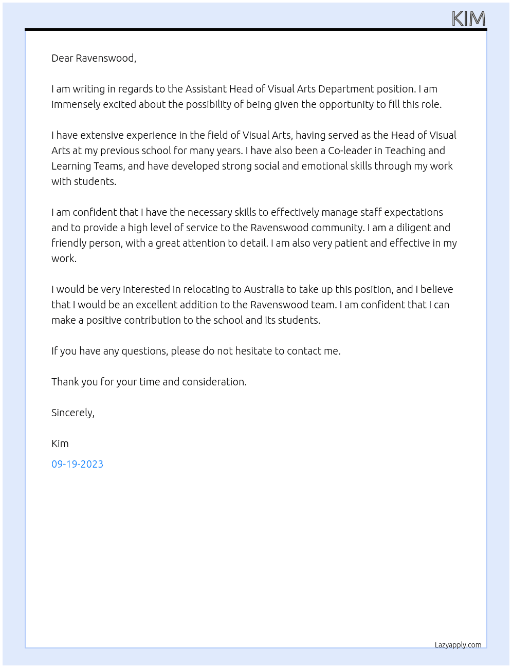 Assistant Head of Visual Arts Department At Ravenswood Cover Letter