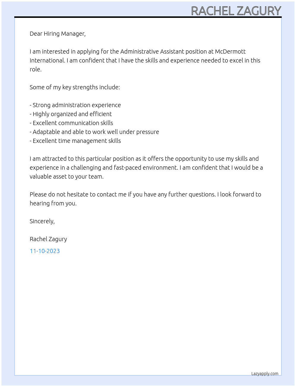 Administrative assistant At McDermott International Cover Letter
