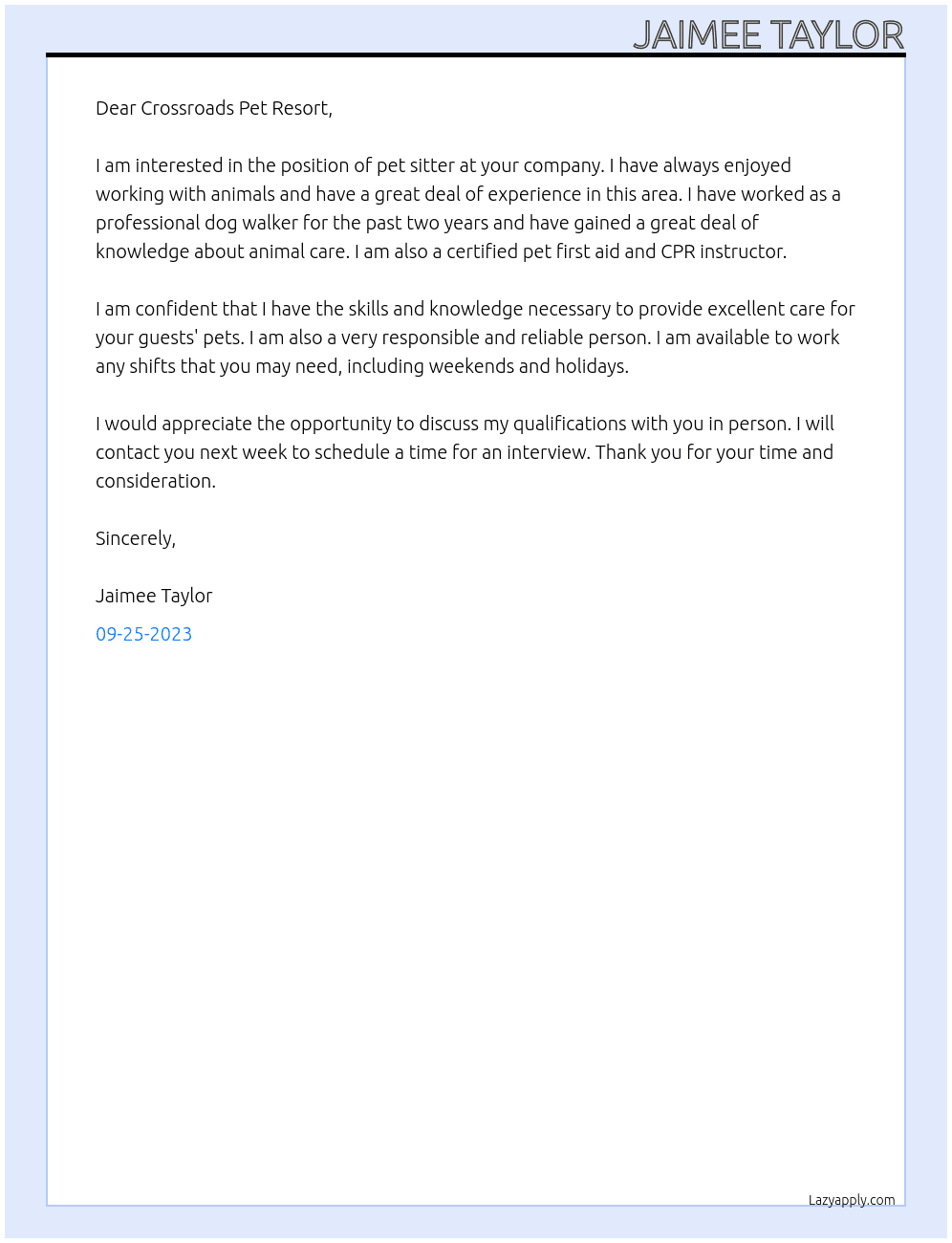 pets At Crossroads pet resort Cover Letter