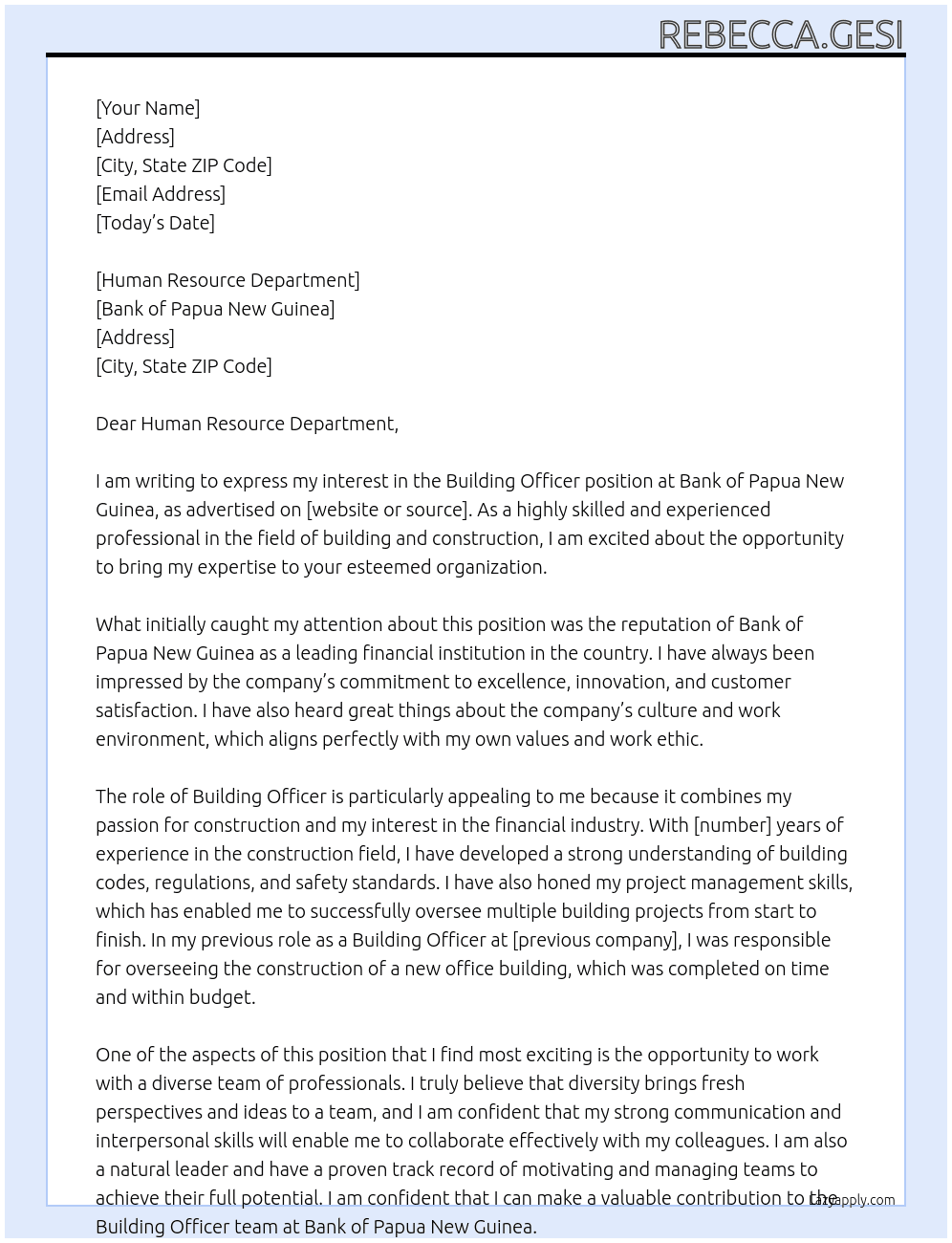 Building Officer At Bank Of Papua New Guinea Cover Letter