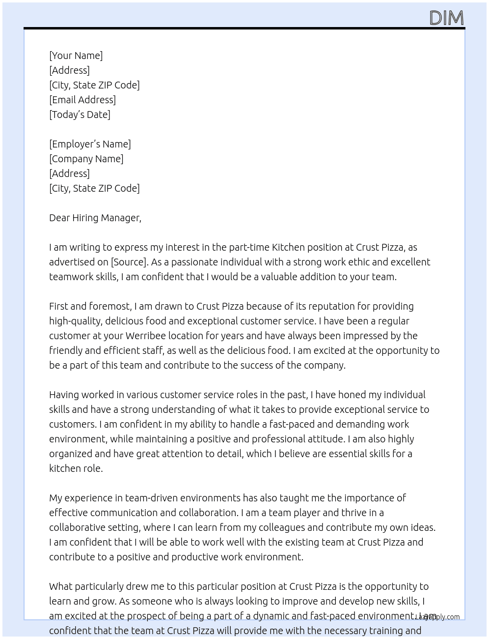 Kitchen At Crust Pizza Cover Letter