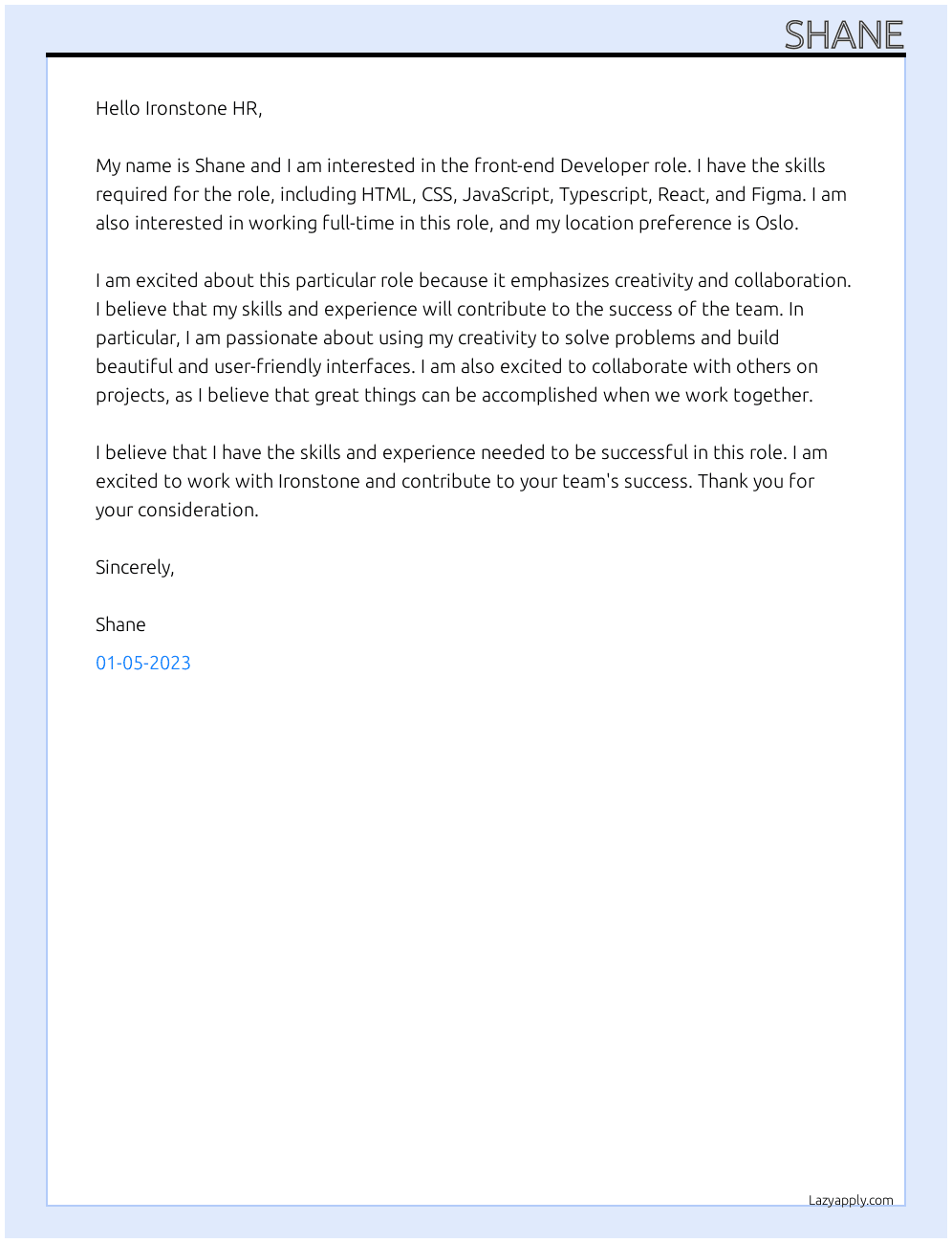 front-end Developer At Ironstone Cover Letter