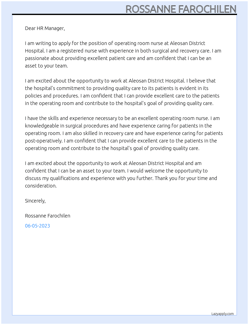 operating room nurse At aleosan district hospital Cover Letter