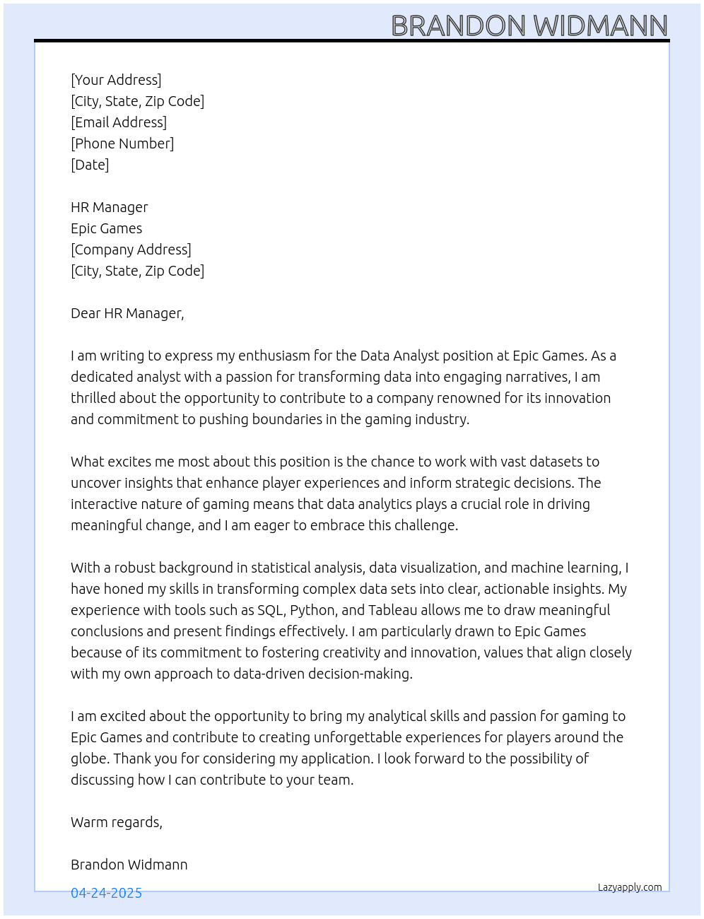 Data Analyst At Epic Games Cover Letter