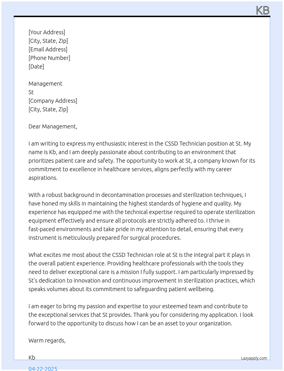 cssd technician At St Cover Letter