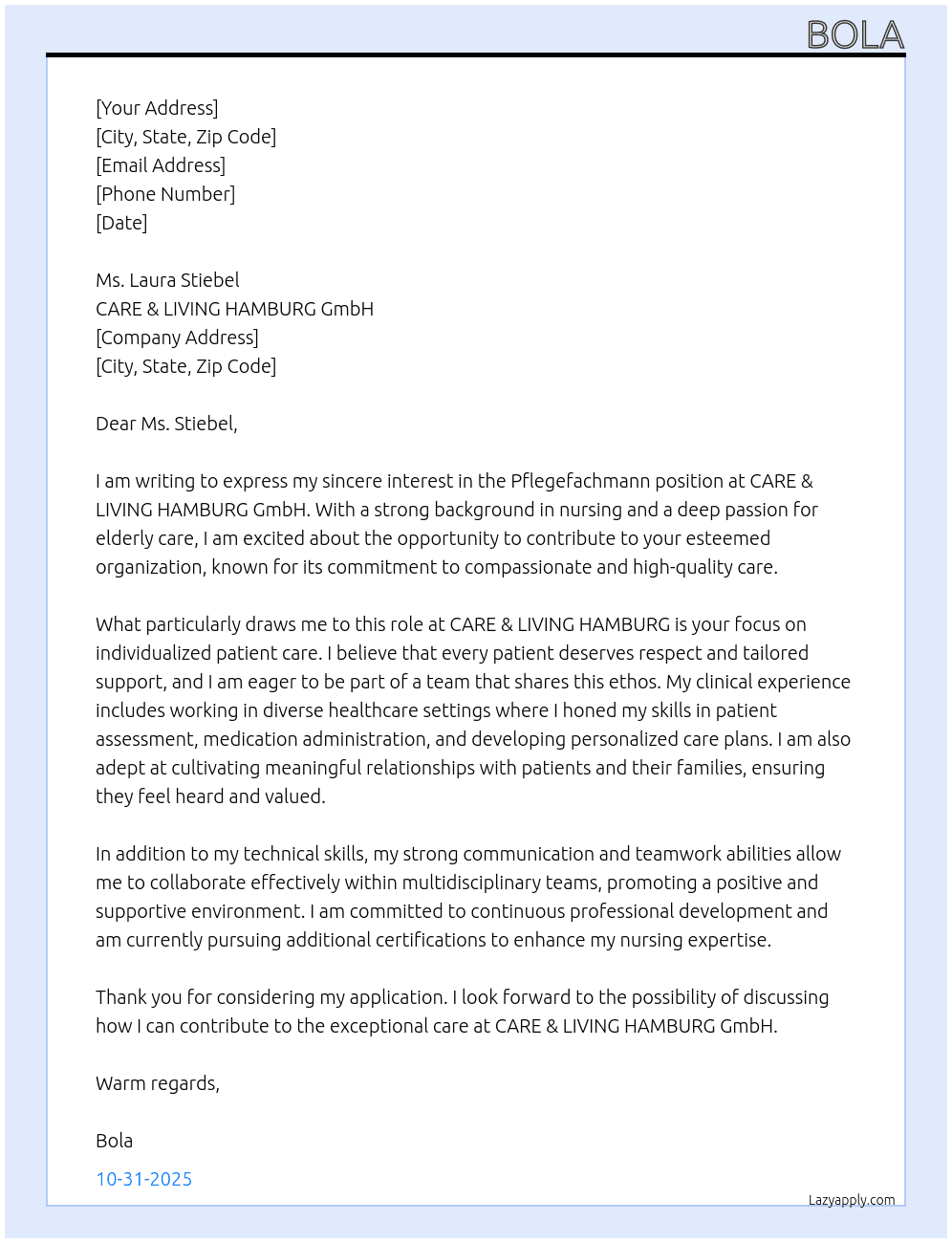 Pflegefachmann At CARE & LIVING HAMBURG GmbH Cover Letter