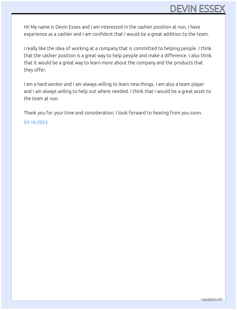 cashier  At nun Cover Letter