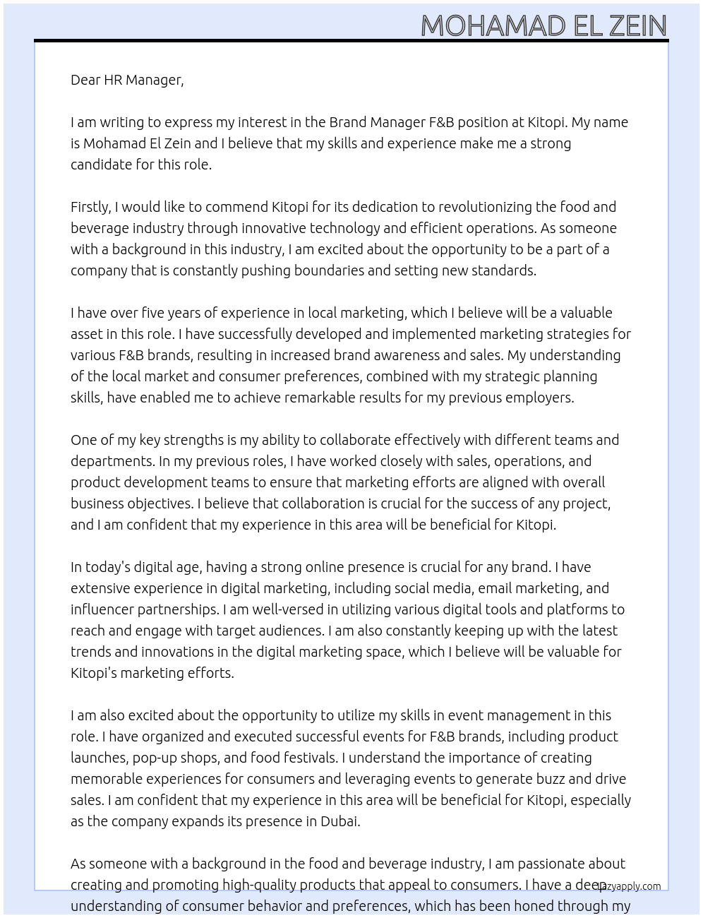 Brand Manager F&B At Kitopi Cover Letter