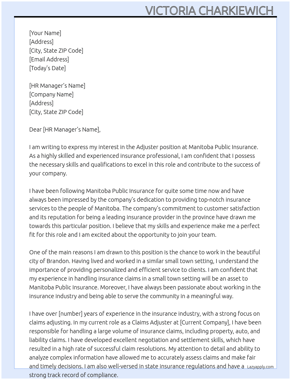 Cover letter for adjuster - LazyApply