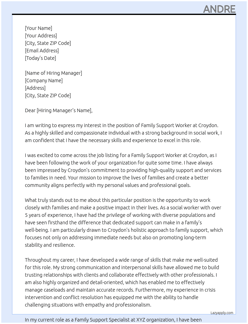 Family support worker At Croydon Cover Letter