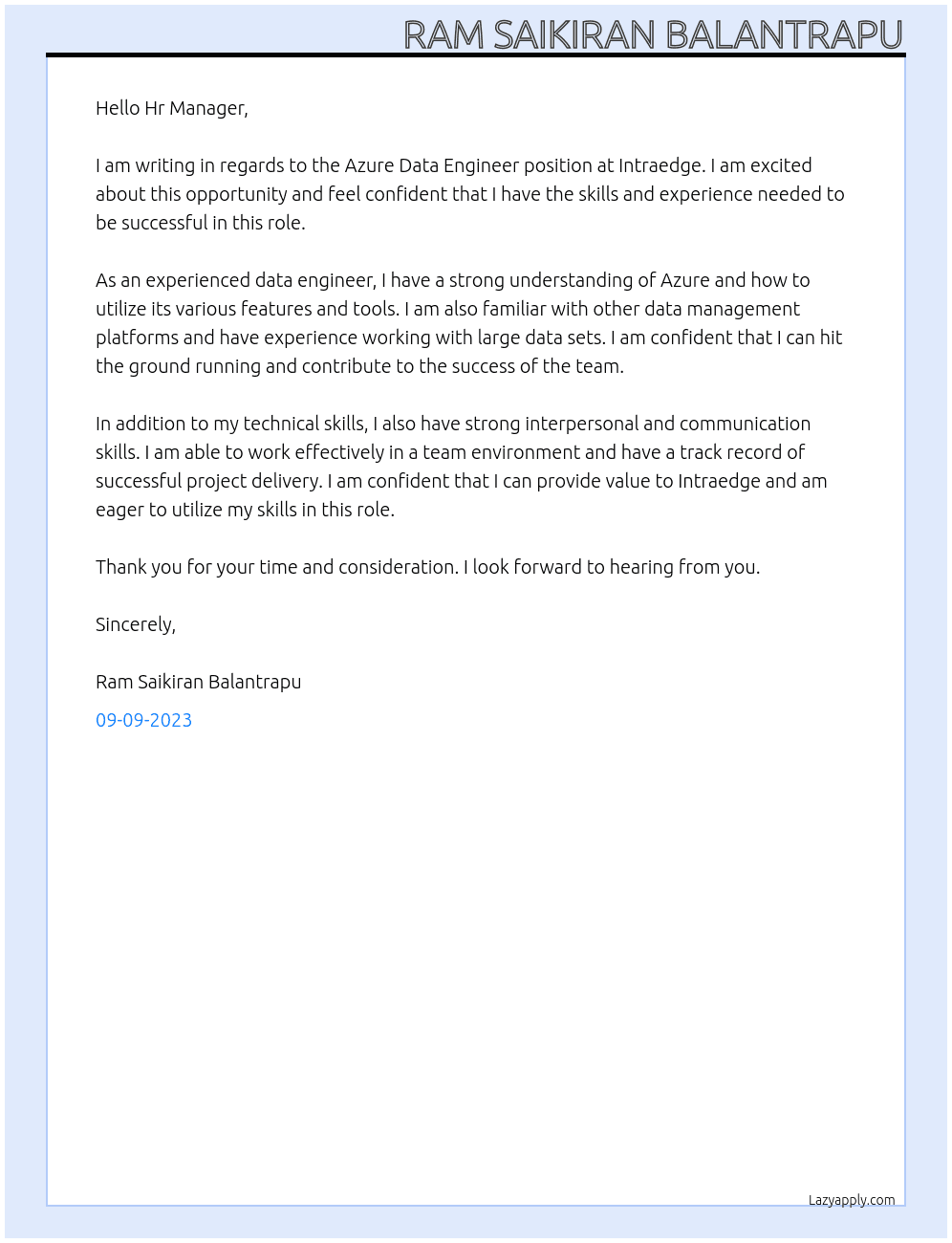 Azure Data Engineer At Intraedge Cover Letter
