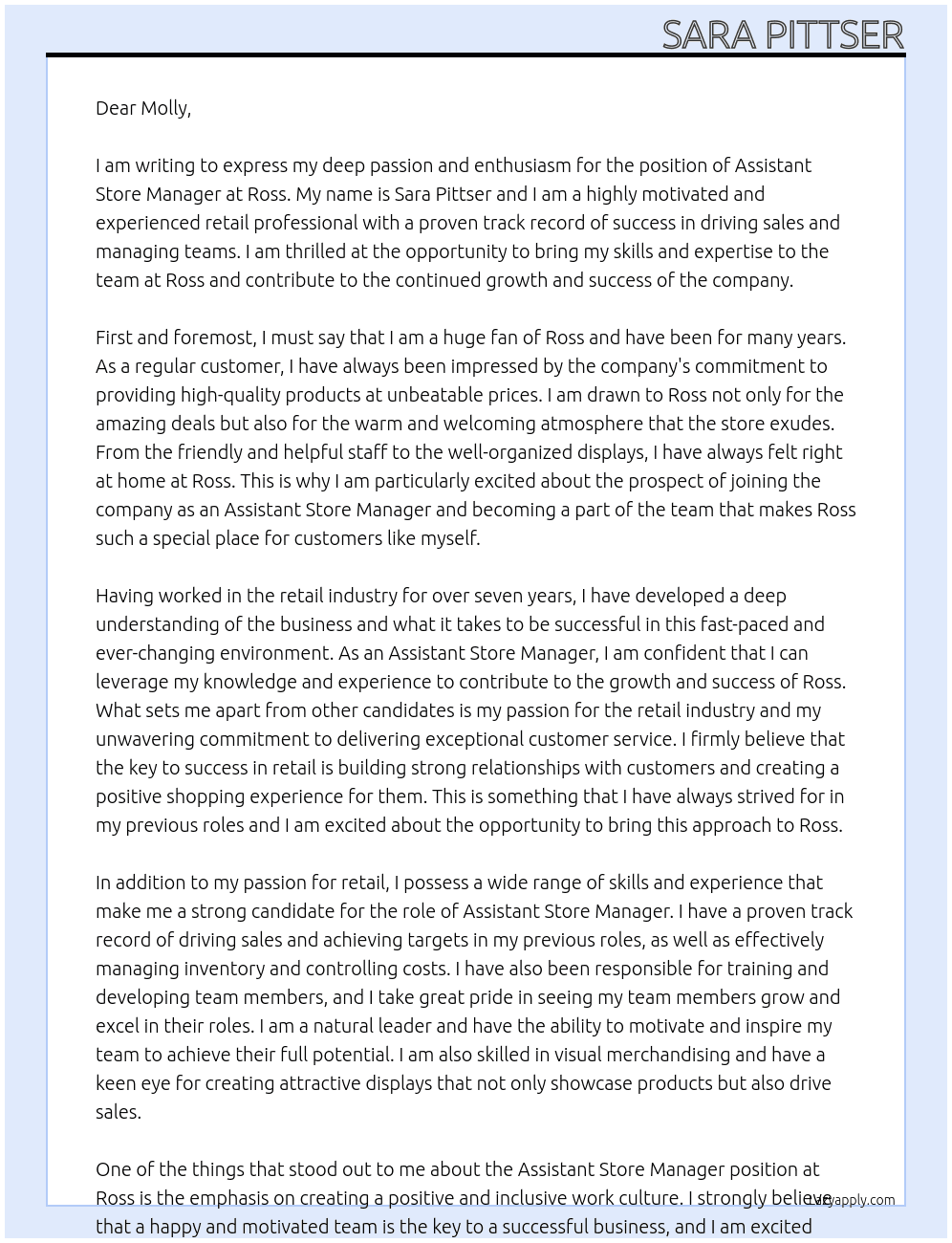Assistant Store Manager At Ross  Cover Letter