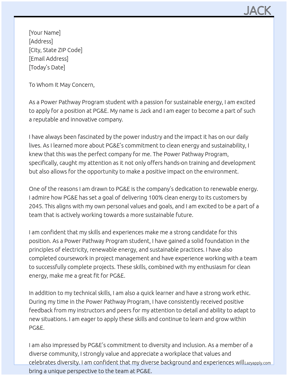 Power Pathway Program student At PG&E Cover Letter