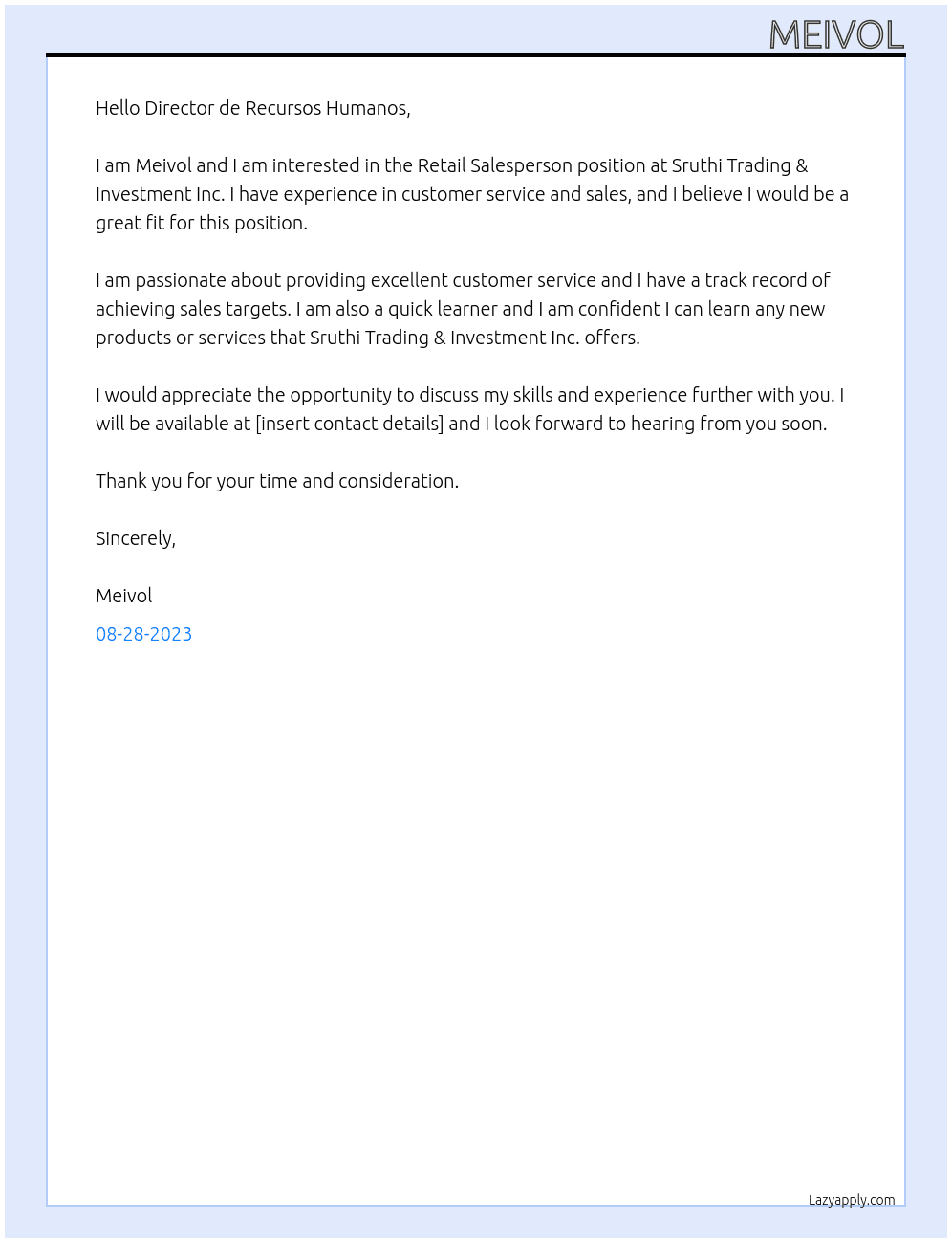 Retail salesperson At Sruthi Trading & Investment Inc Cover Letter