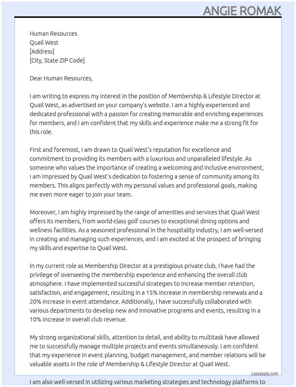 Membership & Lifestyle Director At Quail West Cover Letter