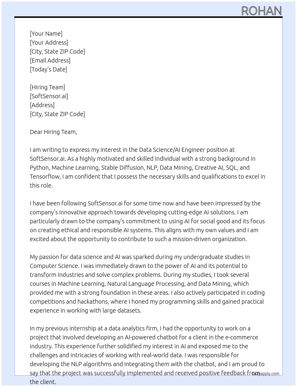 Data Science/AI Engineer At SoftSensor.ai Cover Letter