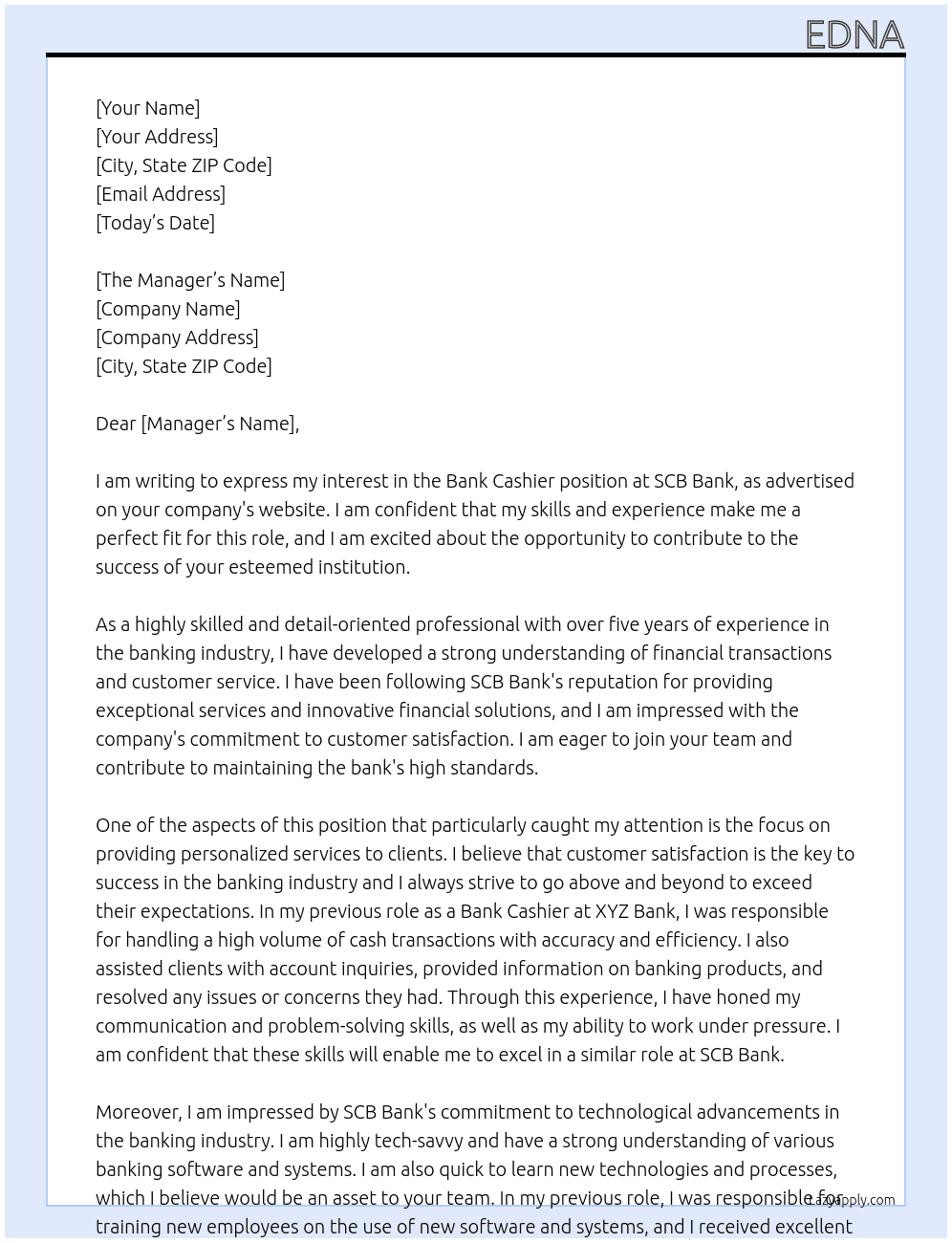 Bank Cashier  At SCB Bank Cover Letter