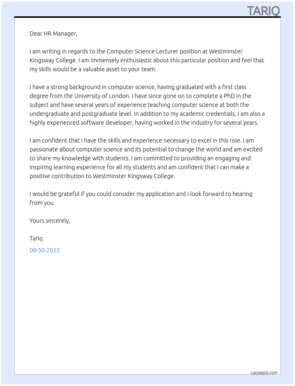 Computer Science Lecturer At Westminster Kingsway College Cover Letter