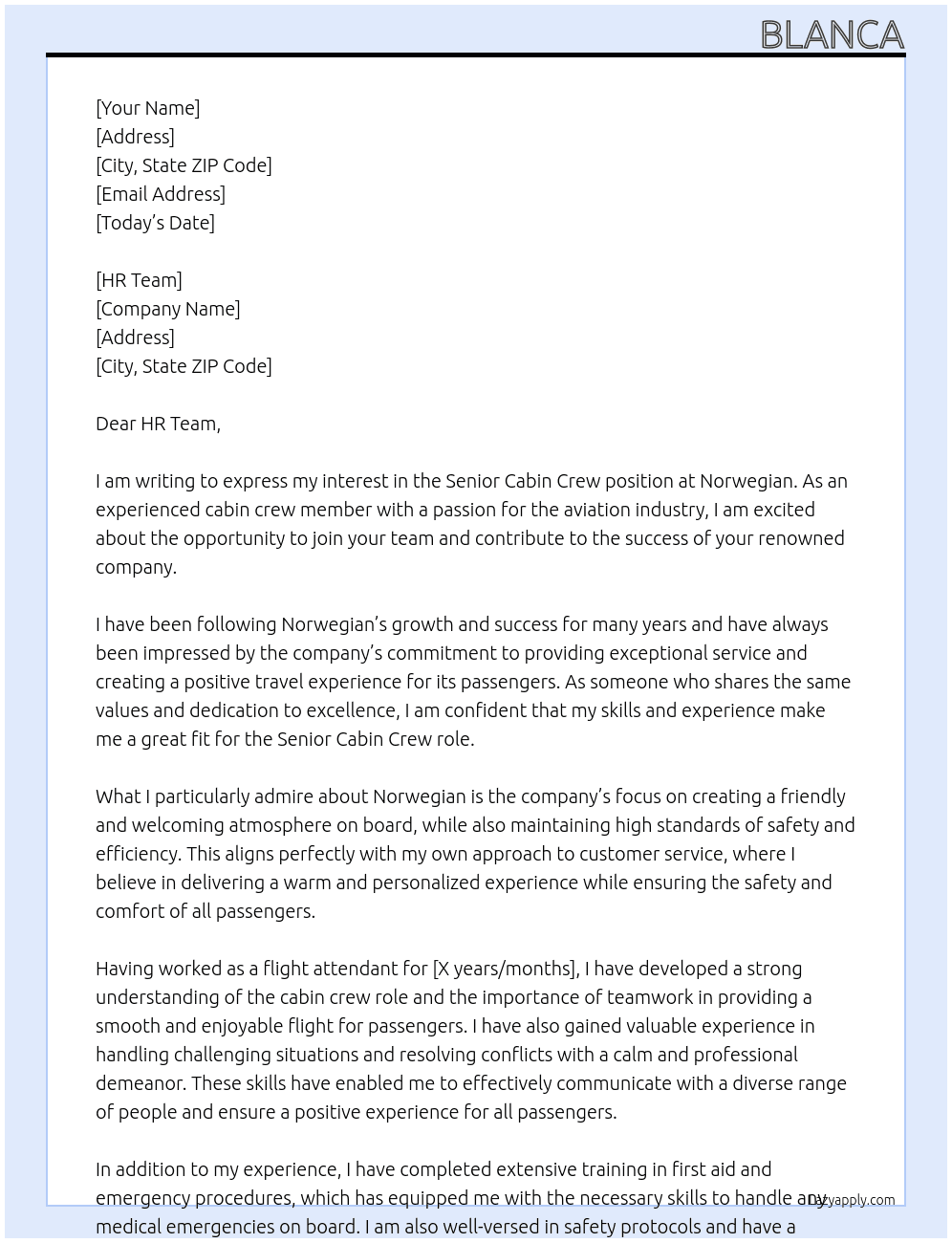 Senior Cabin Crew  At NORWEGIAN Cover Letter