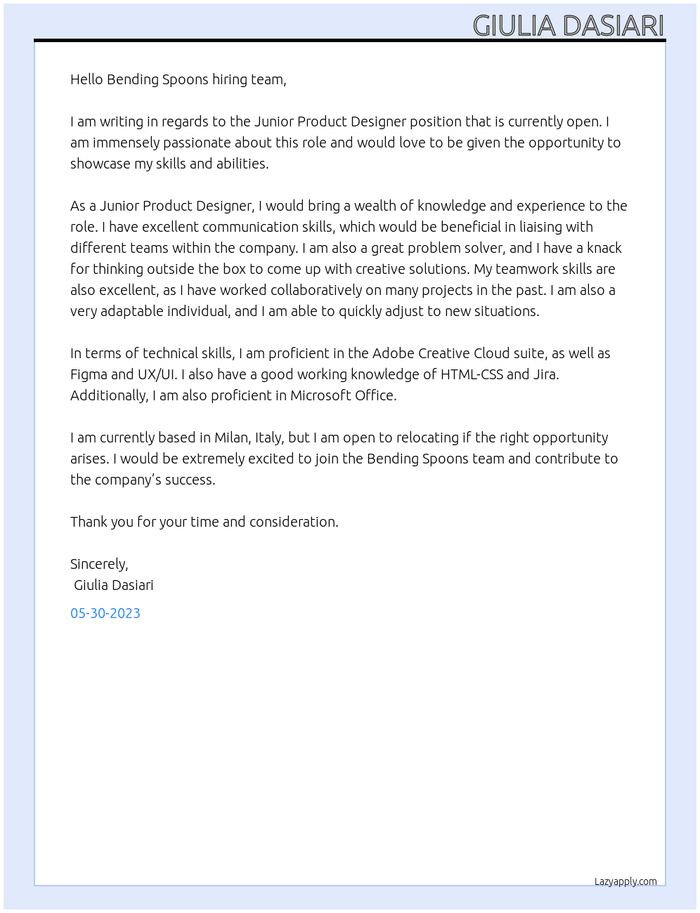 Junior Product Designer At Bending Spoons Cover Letter