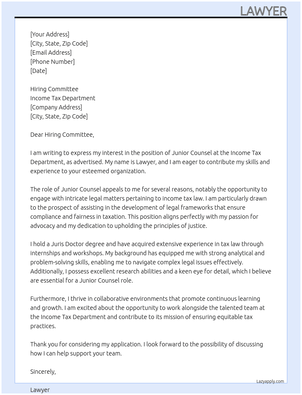 JUNIOR COUNSEL At INCOME TAX DEPARTMENT Cover Letter