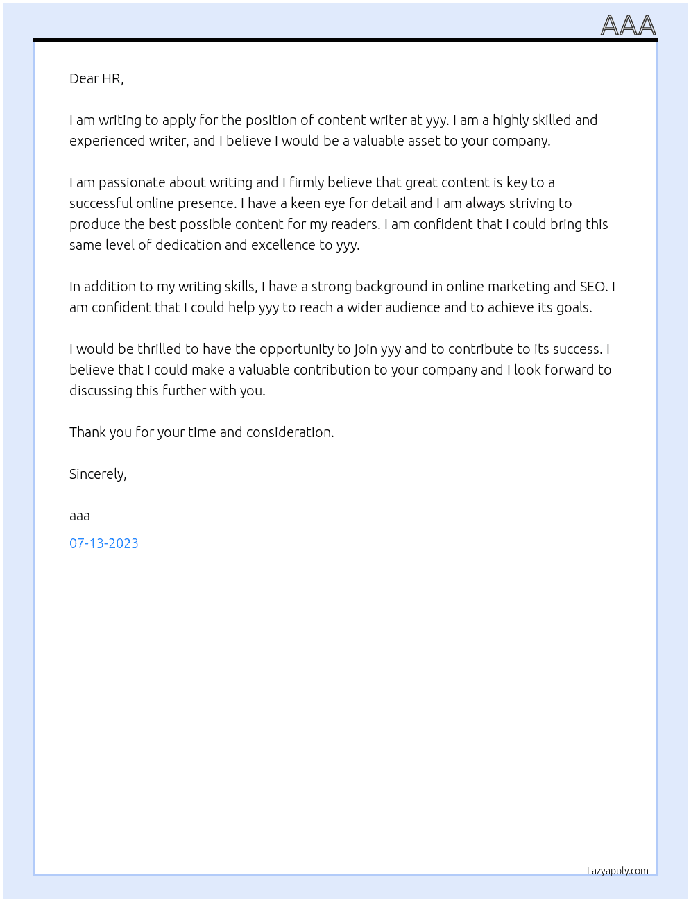 content writer At yyy Cover Letter