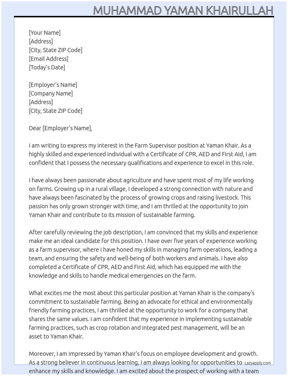 Farm supervisor At Yaman Khair Cover Letter