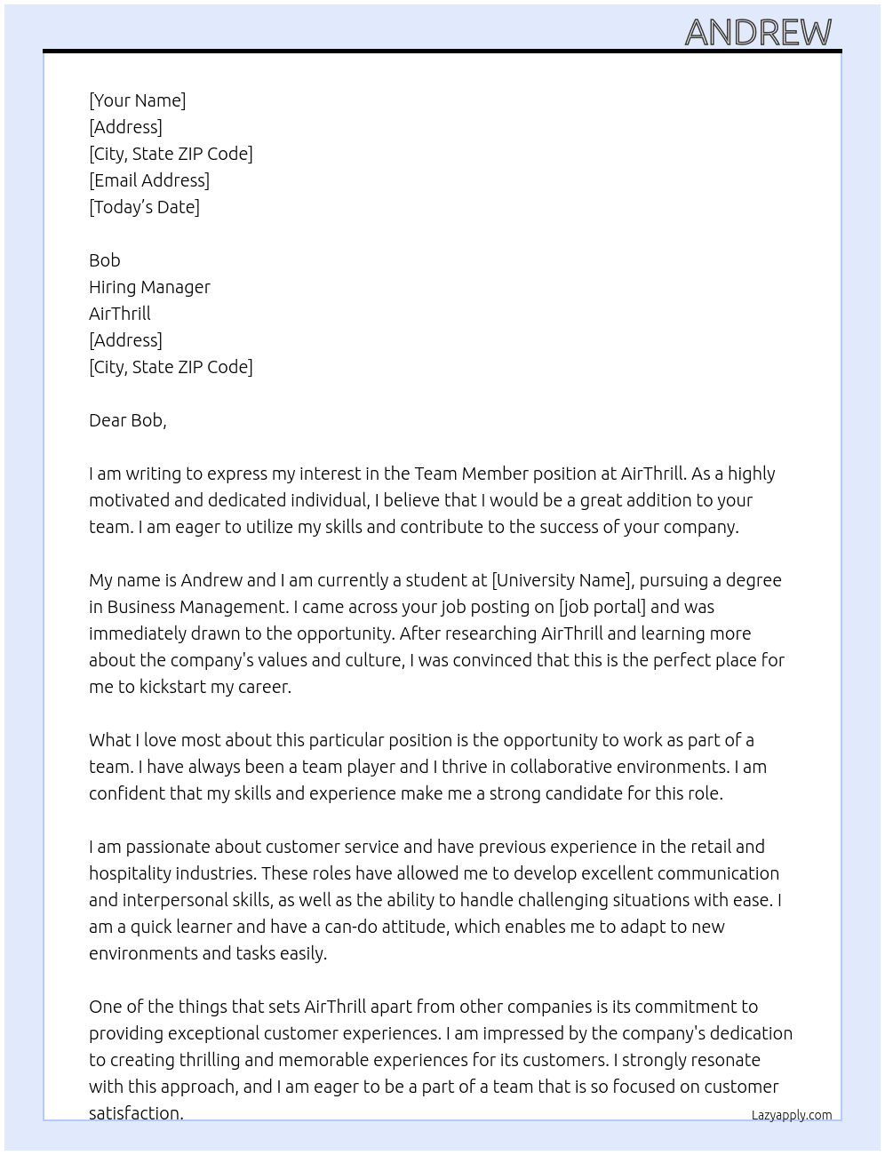 Team member  At AirThrill  Cover Letter