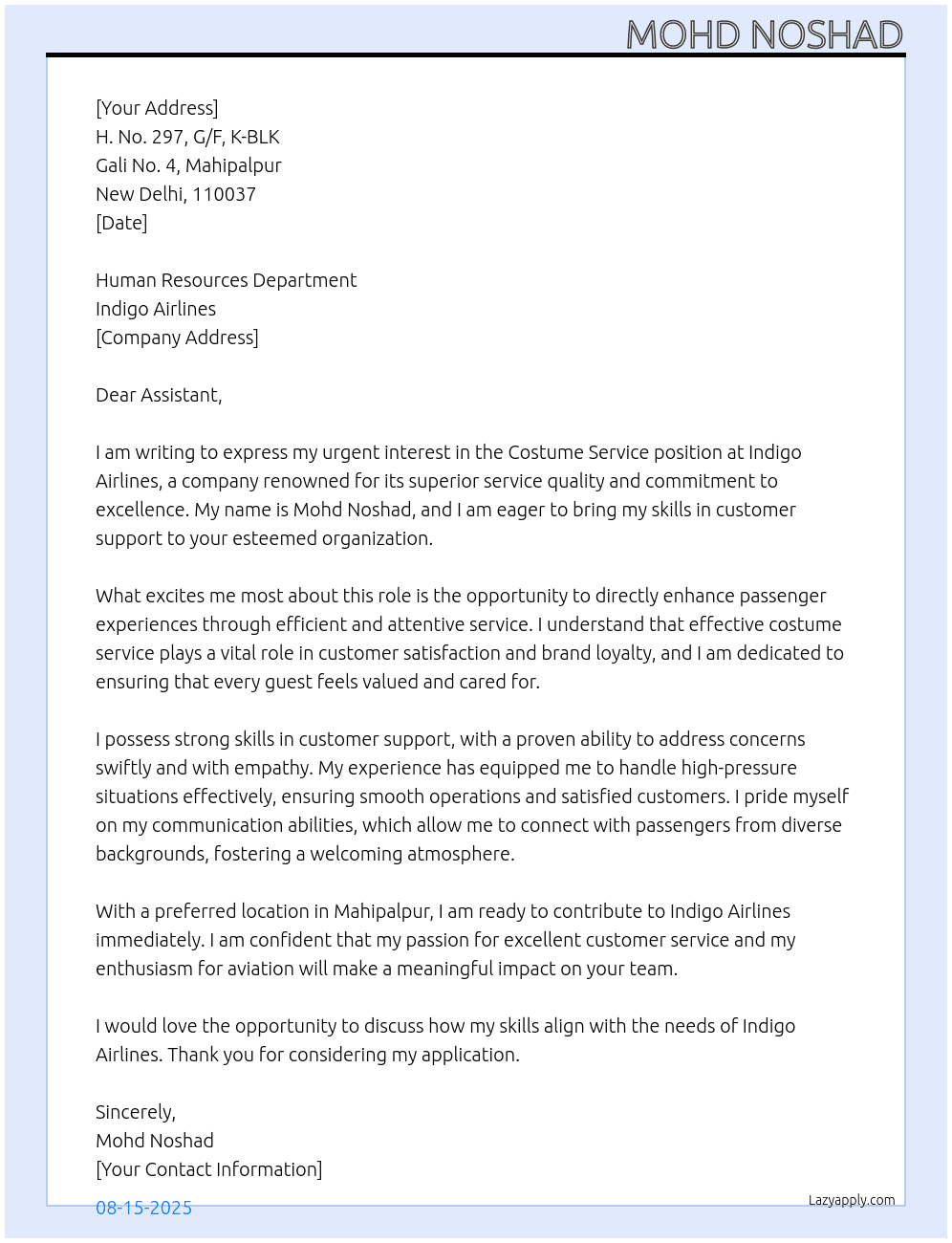 Cover letter for costume service - LazyApply