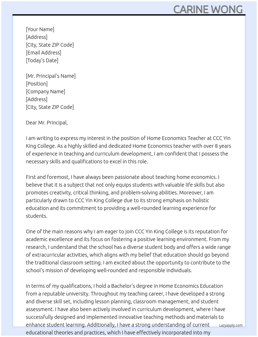 Home Economics Teacher  At CCC Yin King College  Cover Letter