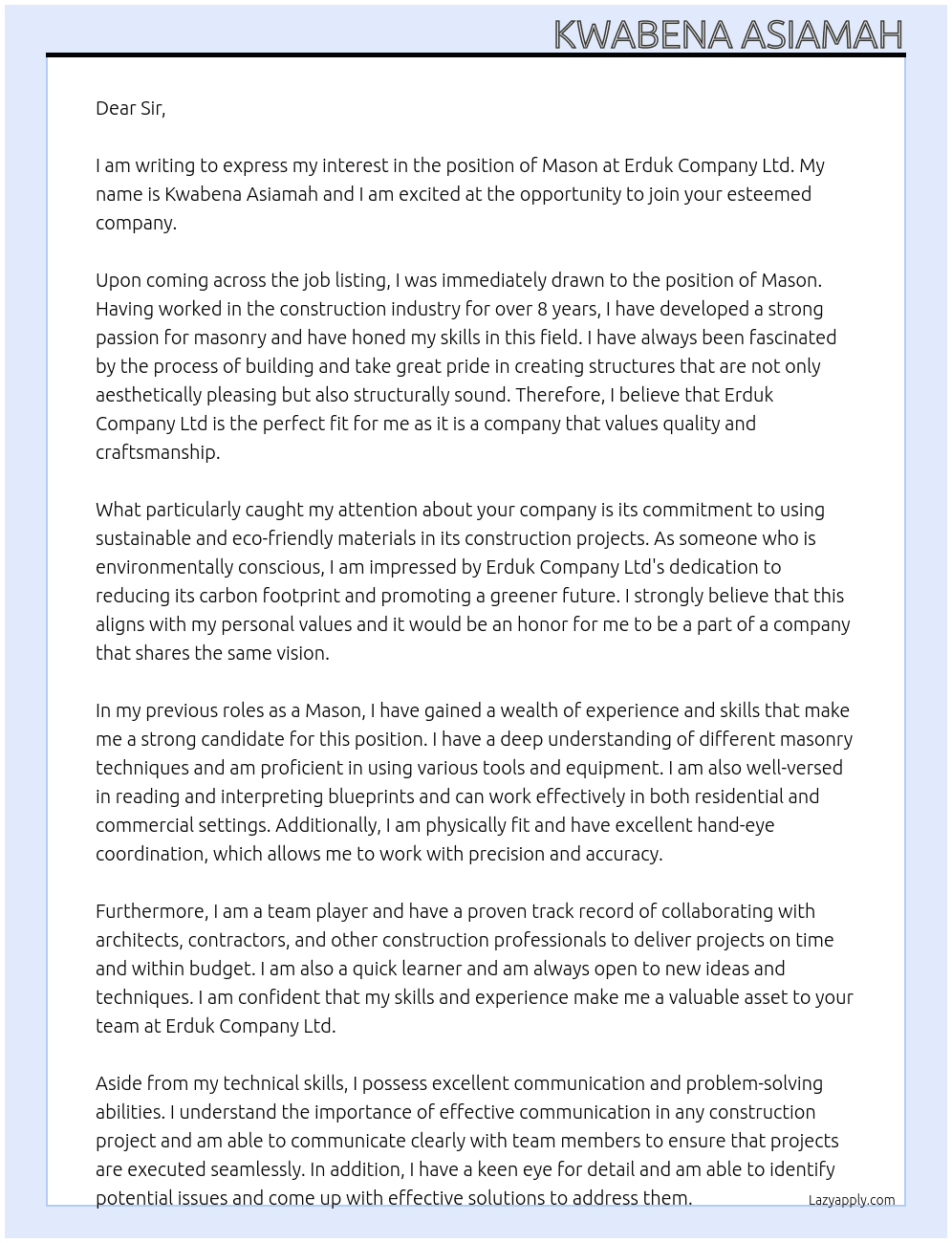 mason  At erduk company ltd Cover Letter