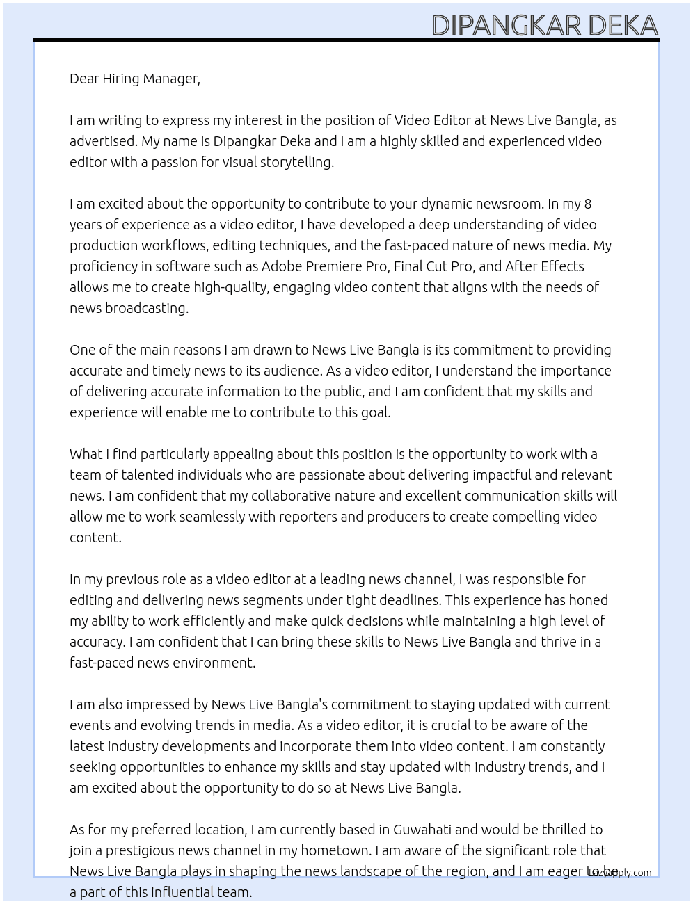 Video Editor At News Live Bangla Cover Letter