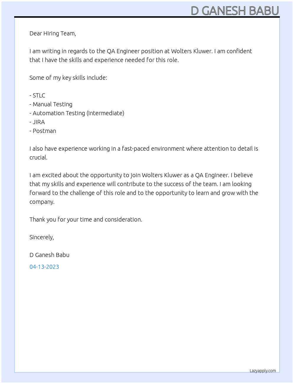 QA Engineer At Wolters Kluwer  Cover Letter
