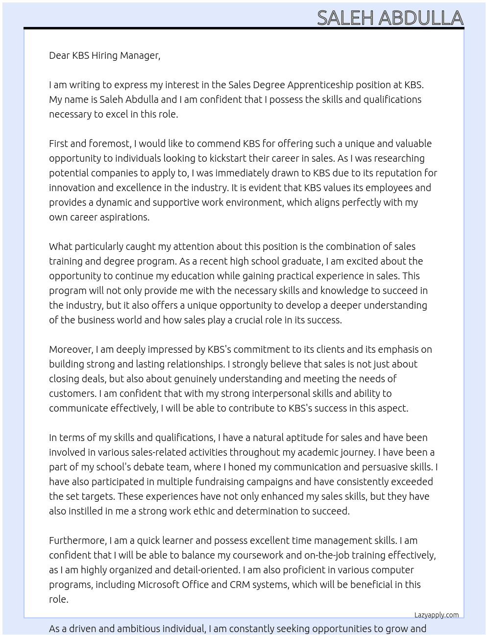 Sales degree apprenticeship At KBS Cover Letter